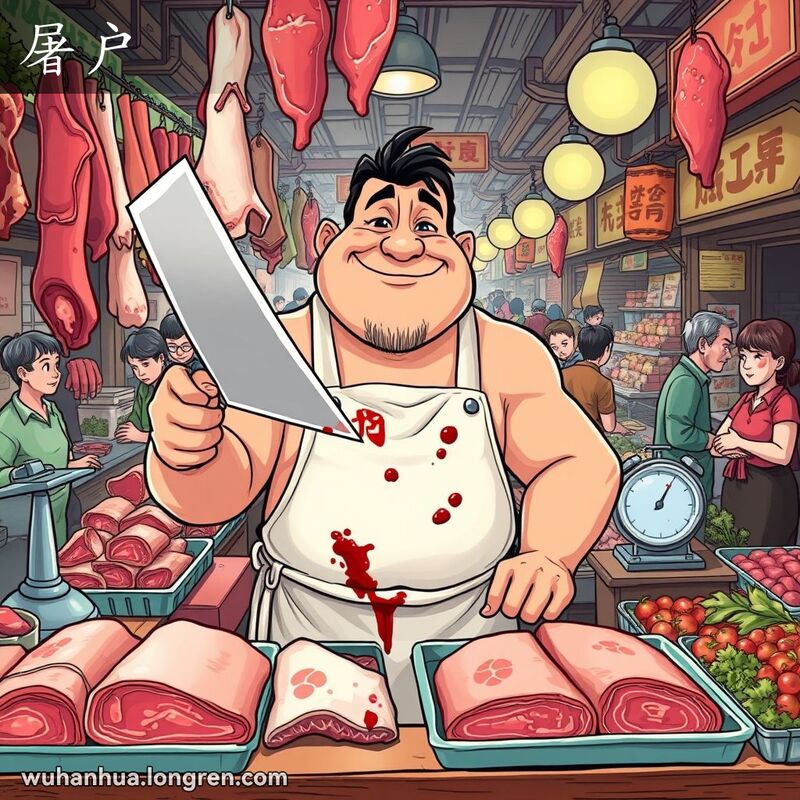 武汉市场中的屠夫手持砍刀准备剁肉，背景是热闹的市场摊贩和顾客