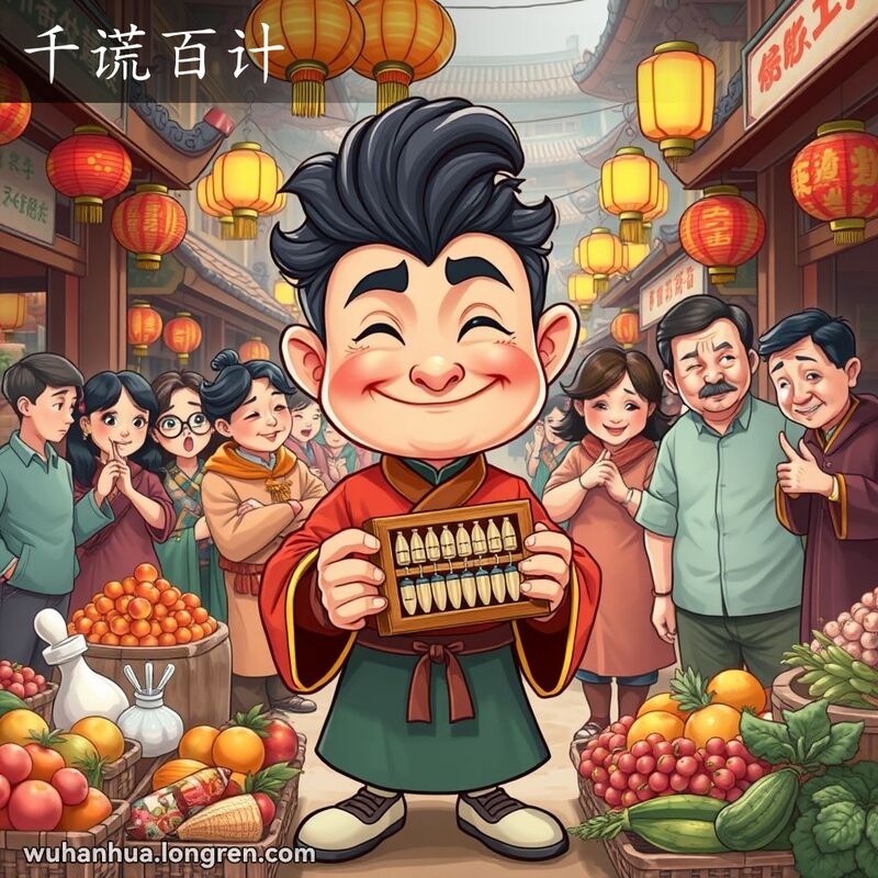 一位狡猾的人物在武汉市场中手持算盘，周围人们表现出不信任和怀疑，背景是武汉老街景。