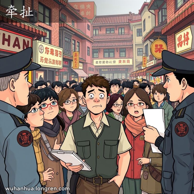 一位警察在武汉街头调查案件，周围人群聚集，中间男子显得焦虑，背景是武汉老街景