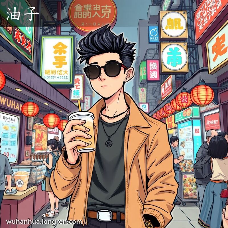 一位时尚年轻人站在武汉街头市场中，手持泡泡茶和智能手机，背景是热闹的小吃摊和老式建筑