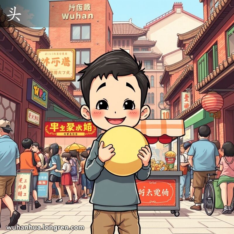 一位武汉男孩站在街边摊前，手中捧着一个夸张的大头，背景是武汉老街景