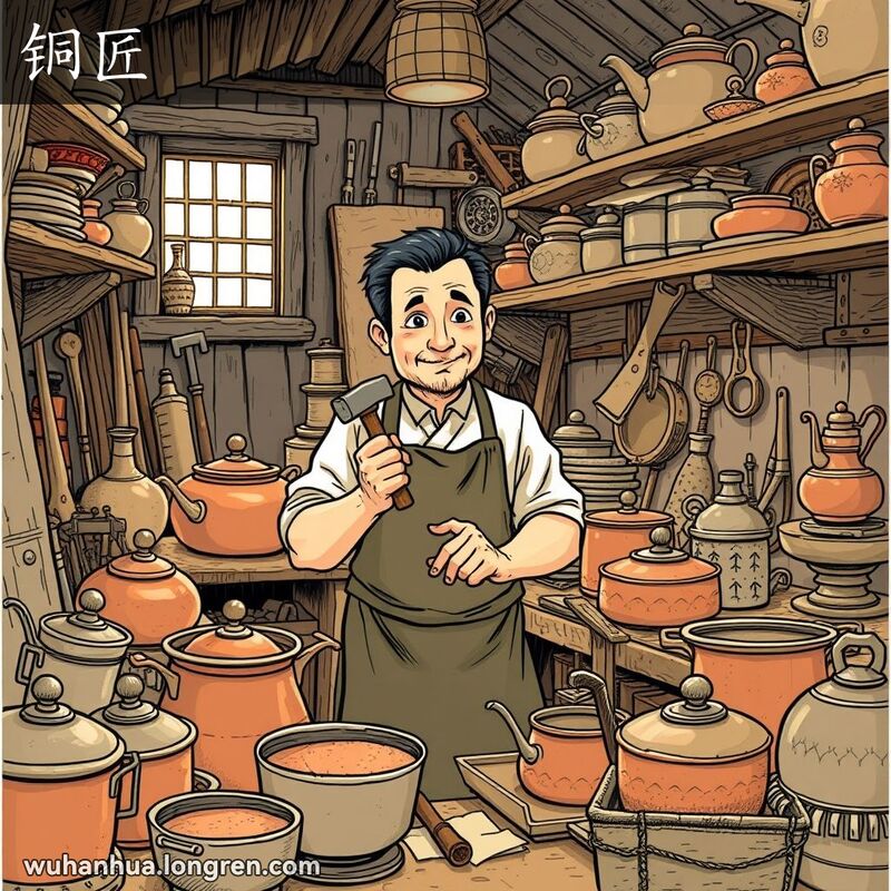 一位传统工匠在小作坊里专注地打造铜器，周围摆满工具和铜制品，背景是古老的作坊。