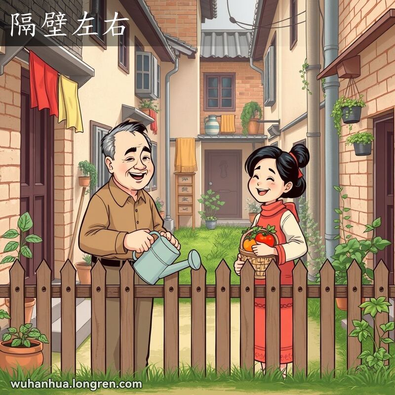 两位邻居隔着矮墙聊天，男子手持洒水壶，女子捧着一篮新鲜蔬菜，背景是武汉老街景
