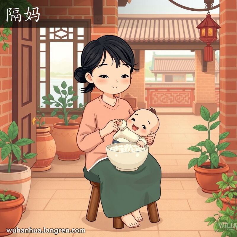 一位年轻的母亲在武汉庭院中怀抱婴儿，婴儿伸手拿米粥，母亲微笑，背景有红砖墙和长江