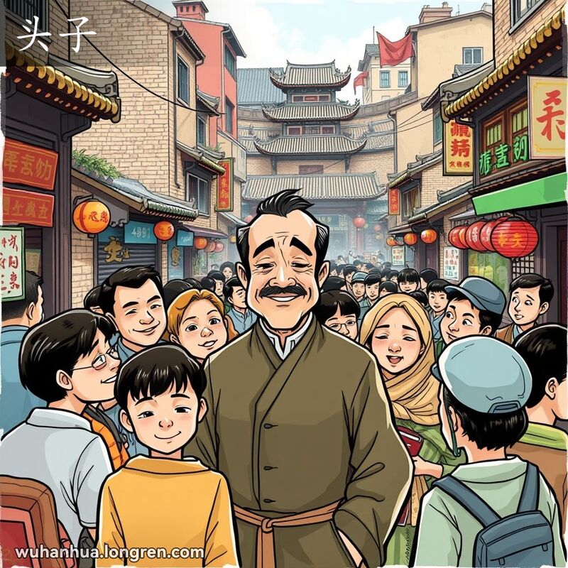 一群人围绕着一个明显是他们头目的人，背景是武汉街道和市井生活