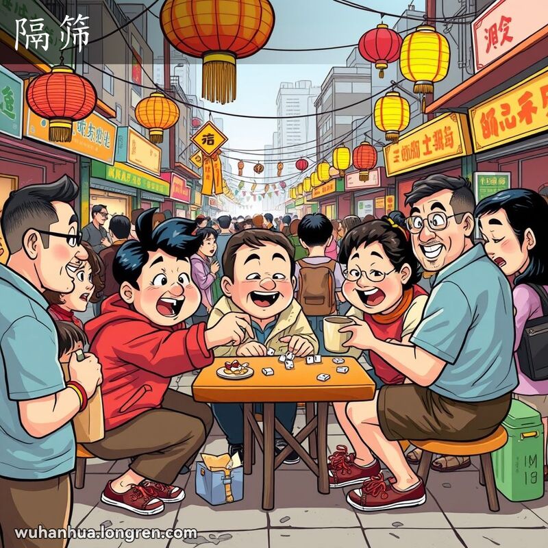 武汉街头市场，几位市民围绕在小桌旁玩传统赌博游戏“隔筛”，背景是色彩斑斓的市场摊位和传统灯笼
