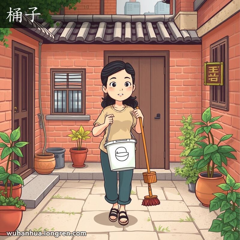 一位武汉女子在庭院中手持桶子走向厕所，背景是武汉老街景