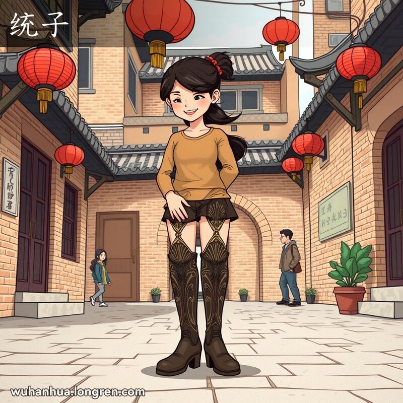 一位武汉女子站在庭院中，穿着高筒皮靴，背景是武汉老街景