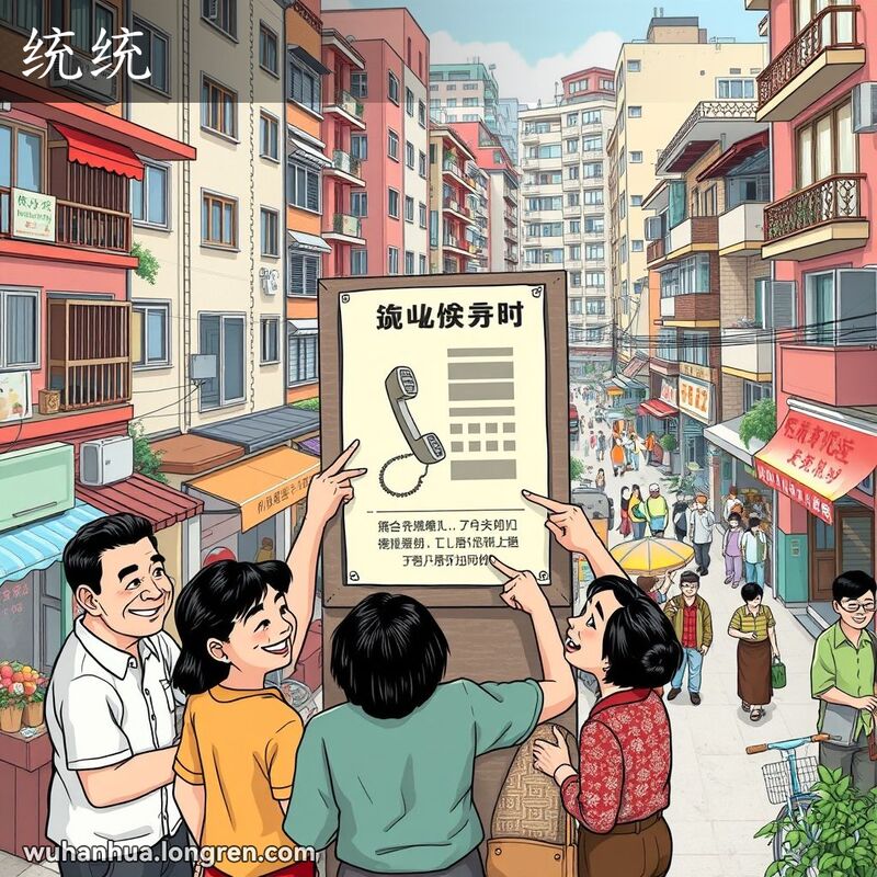 武汉居民区的居民们围在公告栏前，指着电话安装海报，背景是热闹的街景