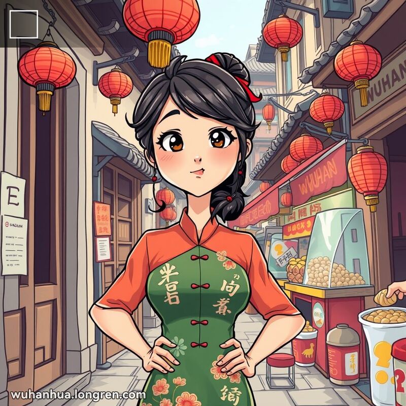 一位年轻女子在武汉老街巷子里，穿着传统服饰，露出撒娇的表情，背景有木门、红灯笼和热闹的市场