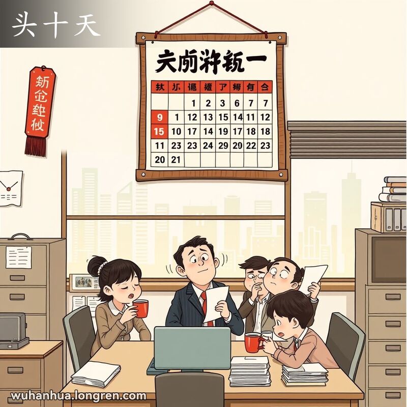 一幅挂在墙上的传统武汉日历，日历上突出显示了每月的前十天。日历下方，一群办公室员工围坐在桌子旁，手持咖啡杯和文件堆，显然在加班。背景是典型的武汉办公室场景。