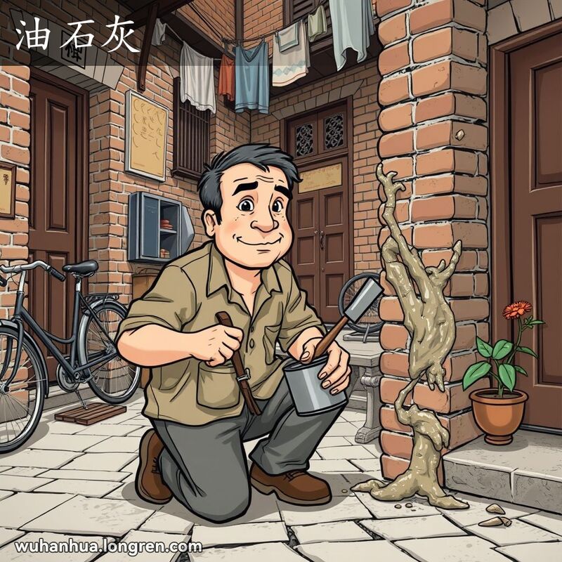 一位中年男子在武汉老街的墙壁上用油石灰填补裂缝，背景是武汉老街景