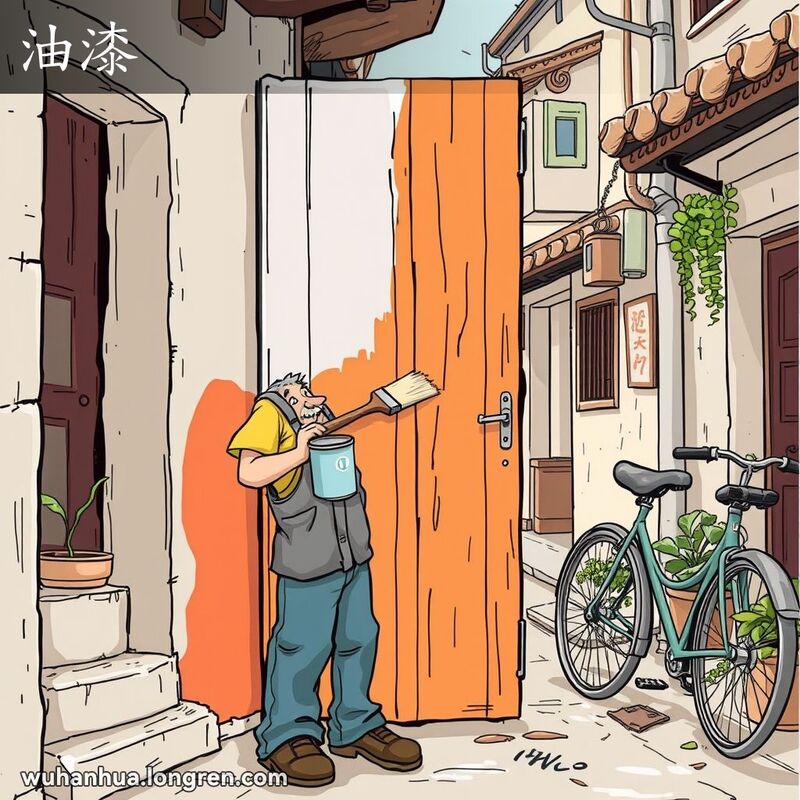 一位武汉市民正在用油漆刷门，背景是武汉的传统巷子