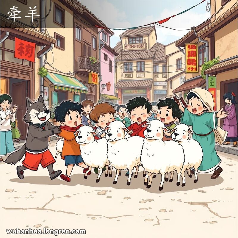 一群孩子在武汉老街区玩“牵羊”游戏，狼试图抓住羊，牧人阻挡，羊群一起移动。