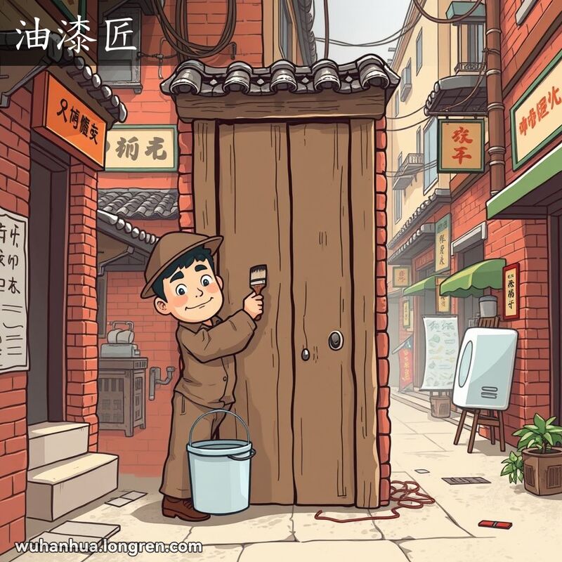 一位油漆匠在武汉老街景中专注地给木门刷油漆，背景有红砖墙和小摊贩