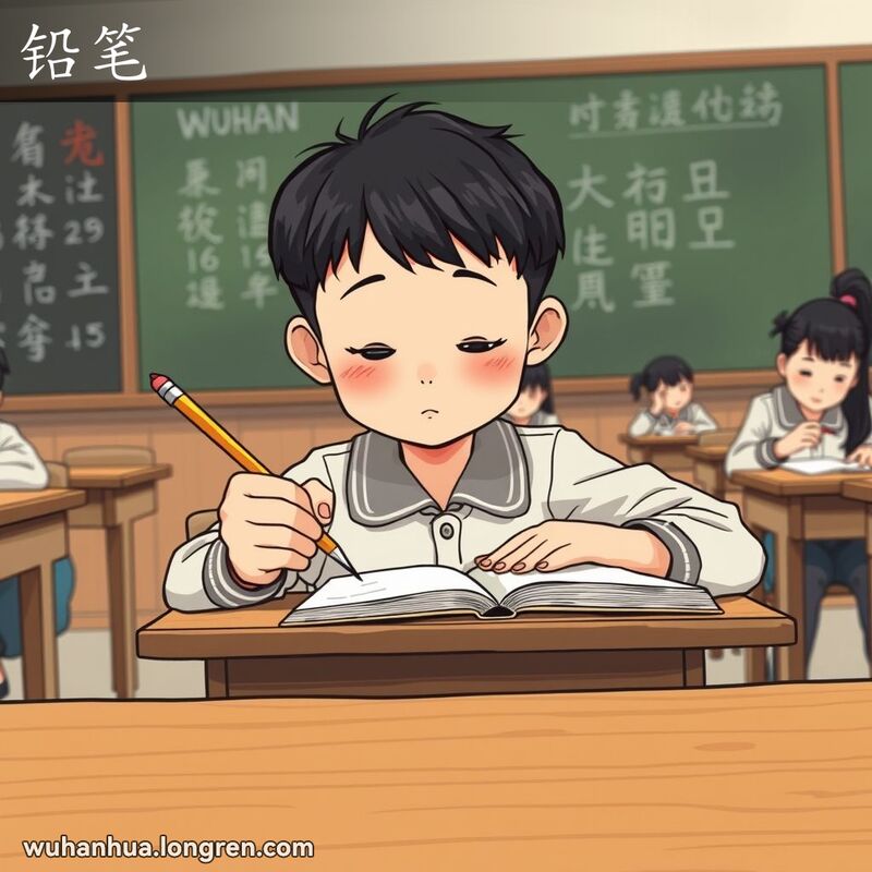 一位武汉学生在教室里手持铅笔专注写字，背景是老式教室和其他学生。