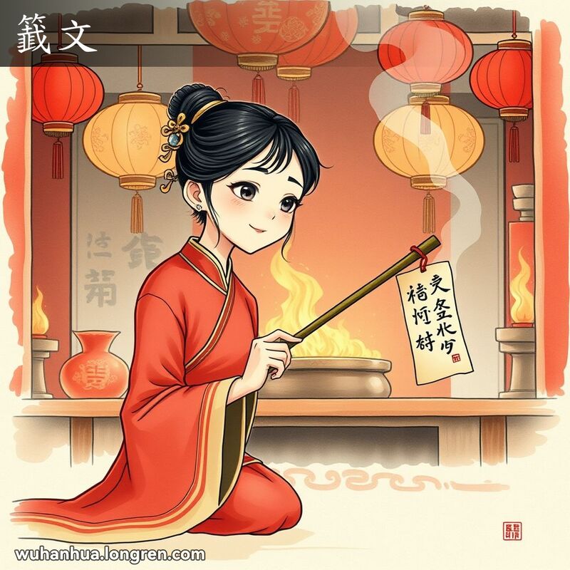 一位女子在寺庙中跪拜，手持竹签，签上有吉凶祸福的文字，背景是红灯笼和香火缭绕的寺庙场景