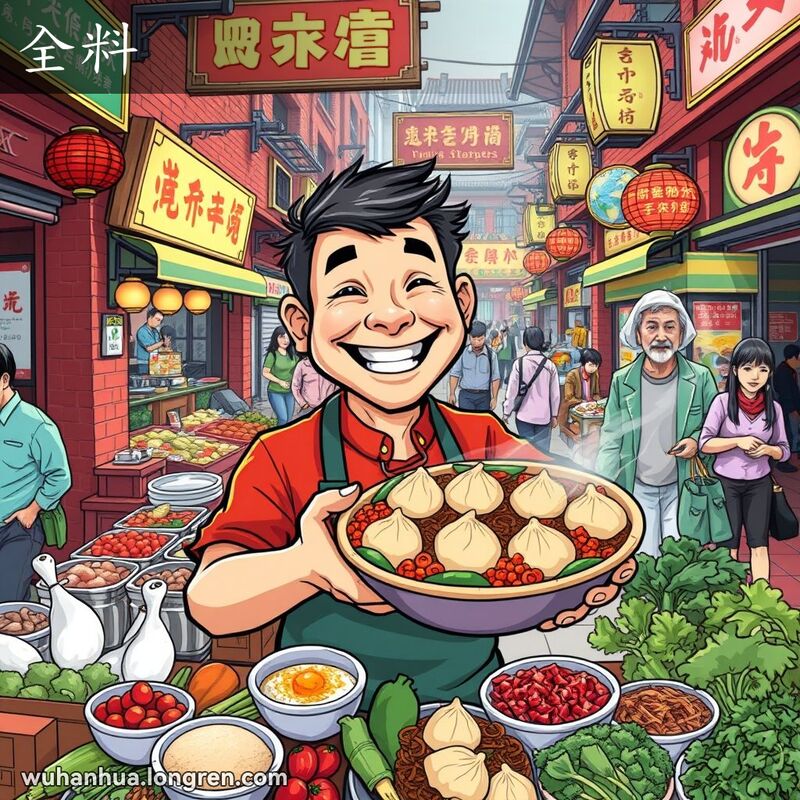武汉街头市场，摊贩展示用全料制成的汤圆，背景是热闹的市场场景