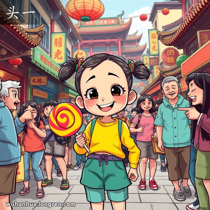 一个穿着鲜艳衣服的小女孩在武汉街头手持大棒棒糖，调皮地笑着，周围的朋友们也在笑，背景是繁忙的市场和老式建筑