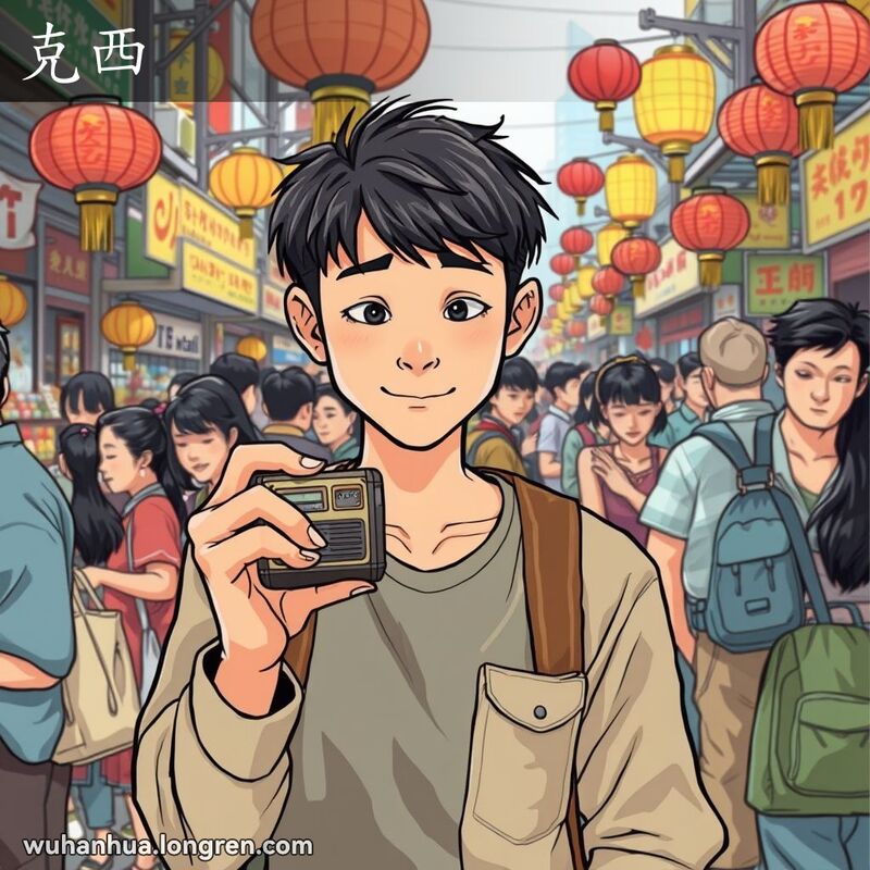一位年轻人在武汉市场中手持旧式物品，露出好奇和幽默的表情，背景是繁忙的市场和五彩缤纷的摊位