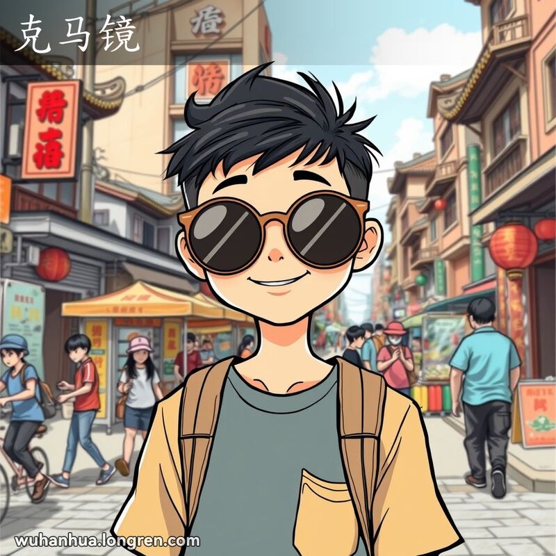 一位年轻的武汉市民站在街角，戴着大圆形的蛤蟆镜，背景是武汉的传统街景