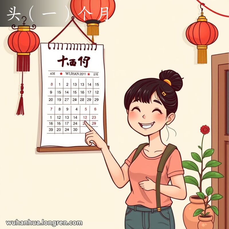 一位武汉女性站在日历前，指向第一个月，背景是温馨的家庭环境，有红灯笼和小盆栽