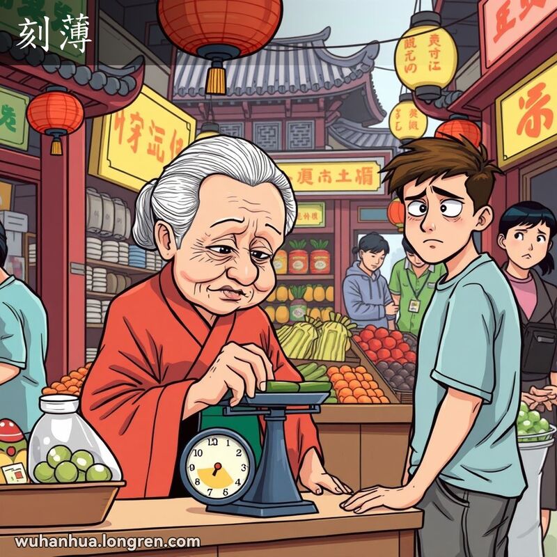 一位老妇人在武汉市场中手持小秤，面露不满，背景是货架和其他摊贩及顾客，体现“刻薄”的意思
