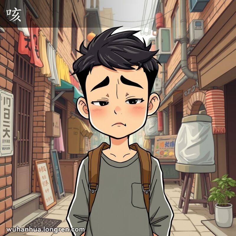 一位武汉市民在巷子里咳嗽，表情不适，背景有老砖墙和街边小贩