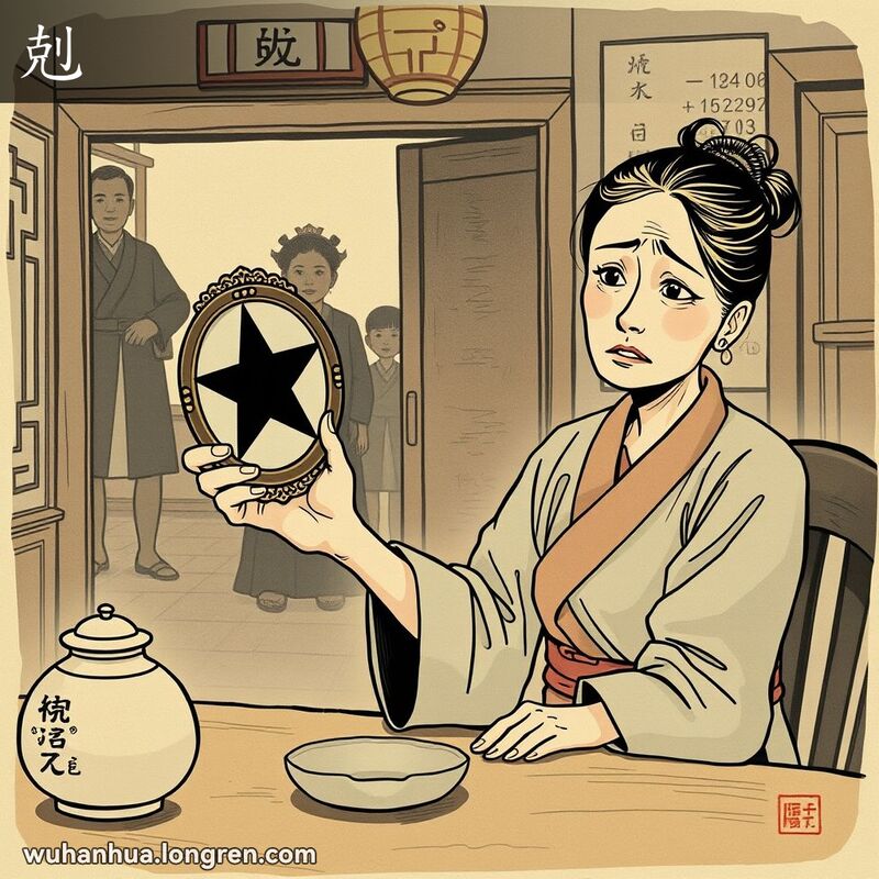 一位忧心忡忡的妇女坐在桌前，手持古老的镜子，镜中反射出暗黑的凶星，背景有家人的影子，暗示危险。