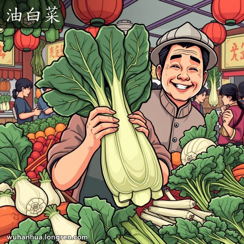 武汉市场摊位上的油白菜，摊贩微笑着展示，背景是热闹的市场和其他蔬菜