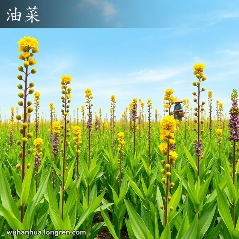 一片繁茂的油菜田，油菜植物直立，绿色或紫色的茎，互生的叶子，黄色的花朵，背景中有一位传统的武汉农民在田间劳作