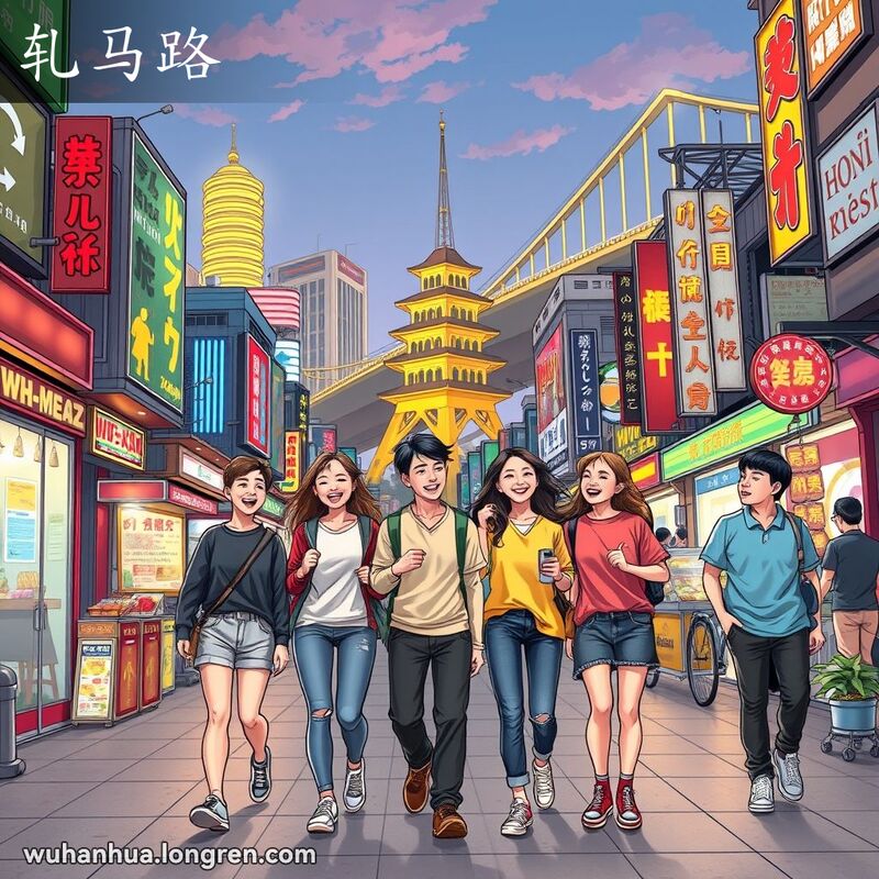 一群朋友在武汉街头悠闲散步，背景有黄鹤楼和武汉长江大桥，画面充满活力和生活气息。