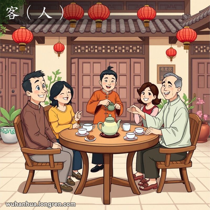 两位客人在武汉庭院与主人交谈，背景有木梁、红灯笼和盆栽