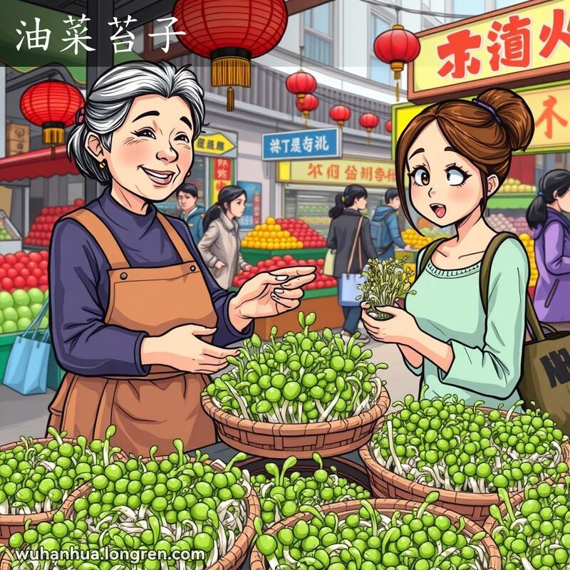 武汉露天市场，摊位上展示新鲜的油菜苔子，摊主和顾客在交流，背景是热闹的市场景象。