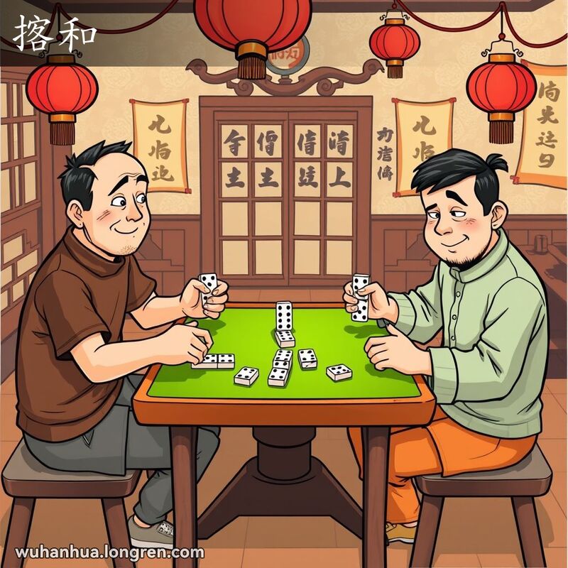 三位玩家在武汉茶馆玩“揢和”骨牌游戏，背景有红灯笼和书法挂轴