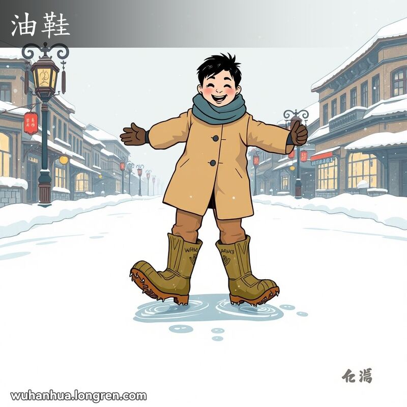 一位武汉市民穿着油鞋在冰面上滑行，背景是武汉冬季雪景