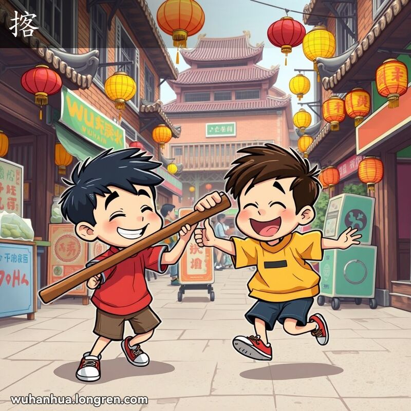 两个男孩在武汉街头嬉戏打闹，一个男孩手持木棍，另一个男孩笑着躲闪，背景是武汉的传统街景