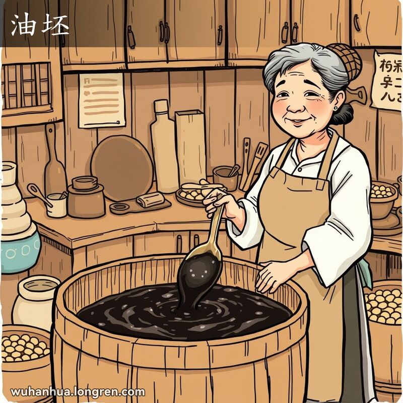 一位中年妇女在传统厨房中搅拌大木桶内的油坯，背景有各种厨房用具和食材