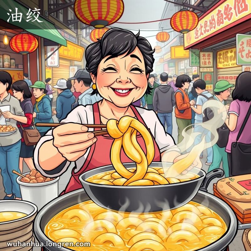 武汉早晨街头市场，一位中年妇女微笑着制作油绞，背景是忙碌的摊位和顾客。