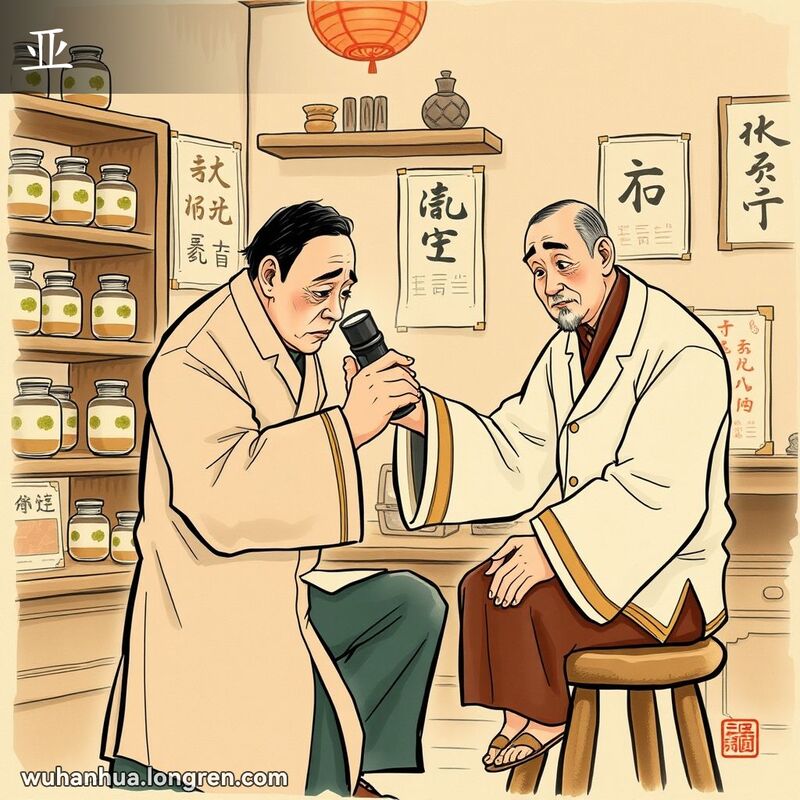 中医师用手电筒检查病人眼睛，病人神情担忧，背景是老式诊所