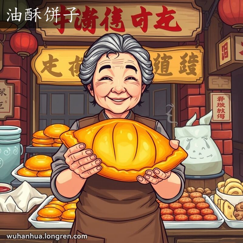一位友善的武汉街头小贩手拿刚出炉的油酥饼子，背景是传统的武汉老街摊位和旧式招牌。