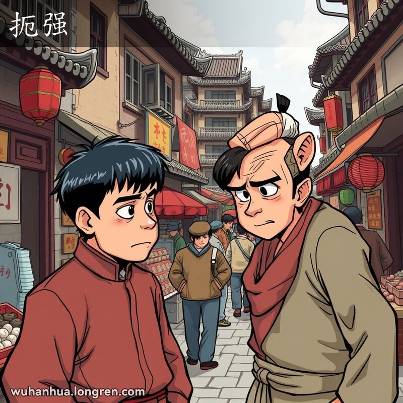 一位严肃的中年男子在武汉老街强迫年轻人同意某事，年轻人显得不情愿