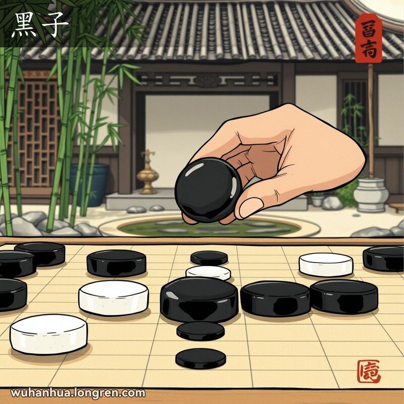 一盘围棋，黑子被突出显示，背景是宁静的庭院