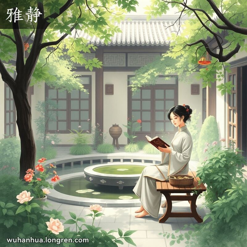 一个宁静的武汉传统庭院，女子坐在木凳上阅读，背景有绿植和池塘，画面宁静优雅。