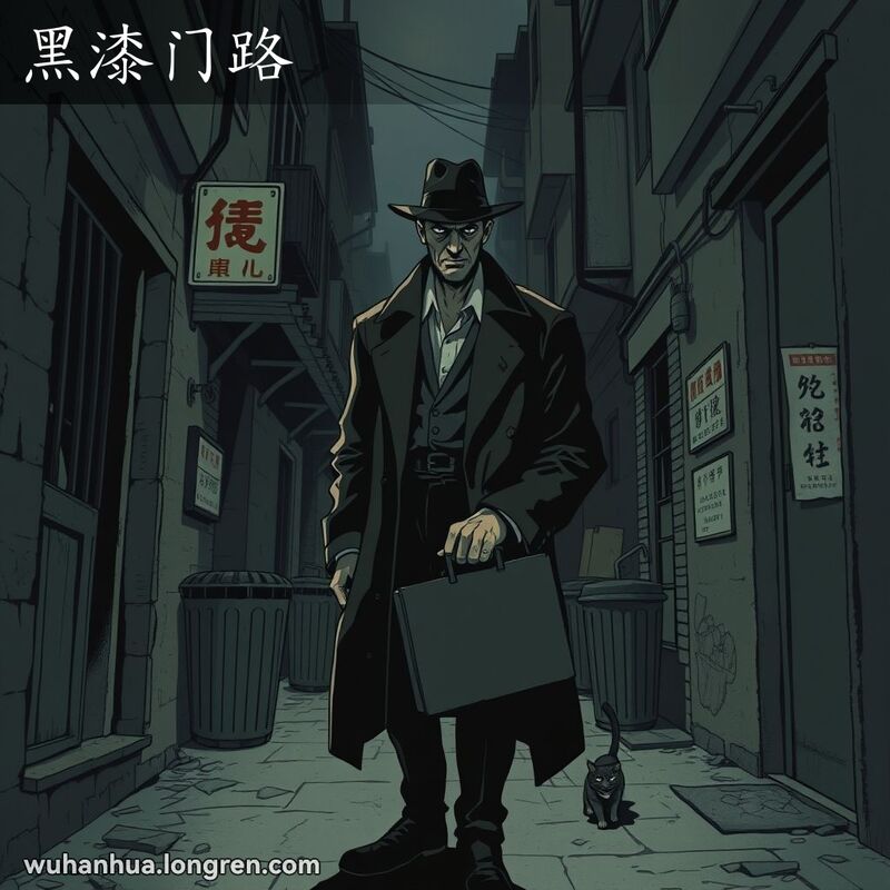 一个穿黑色外套的男人在阴暗的巷子里，手拿公文包，脸上带着狡猾的表情，背景是破旧的老建筑和斑驳的招牌。
