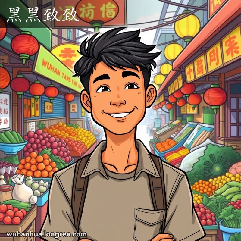 一位肤色稍黑的年轻男子自信地站在武汉街市前，背景是热闹的市场摊位