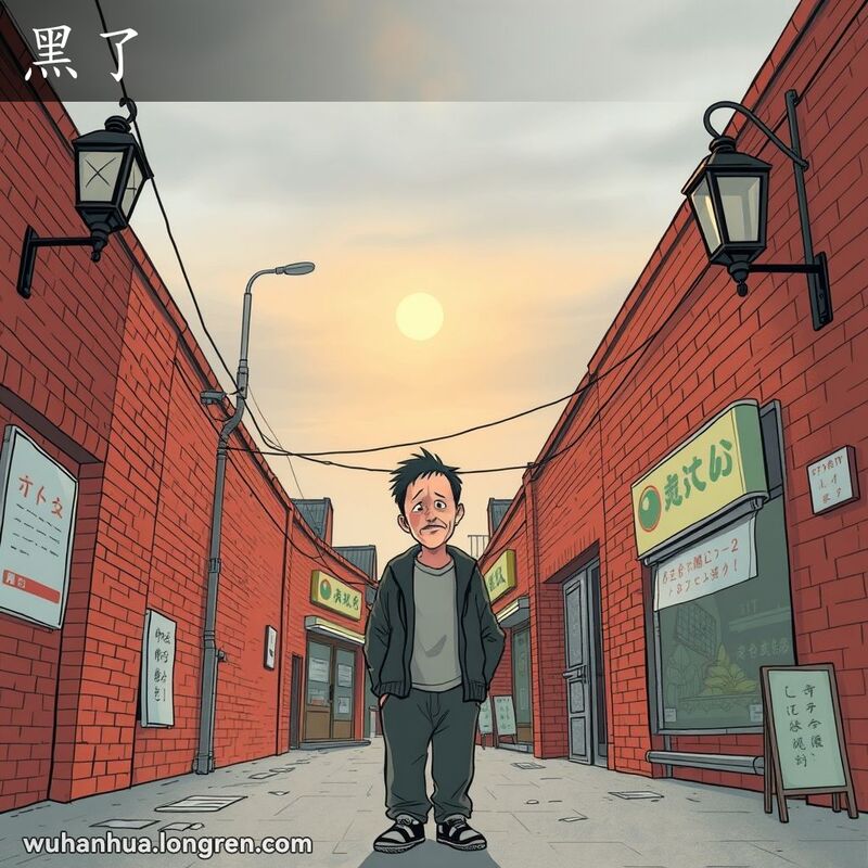 武汉小巷，天黑了，一位居民抬头望天，露出皱眉的表情，背景有小店和老式招牌