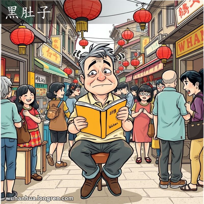 一位中年武汉市民在市场摊位前拿着倒着的书，脸上露出困惑和尴尬的表情，背景是热闹的武汉市场。