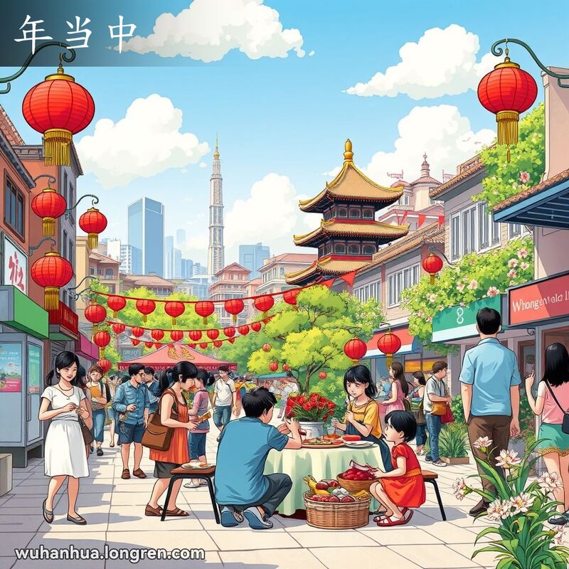武汉年中的热闹街景，人们享受夏季美食，背景有黄鹤楼和长江大桥