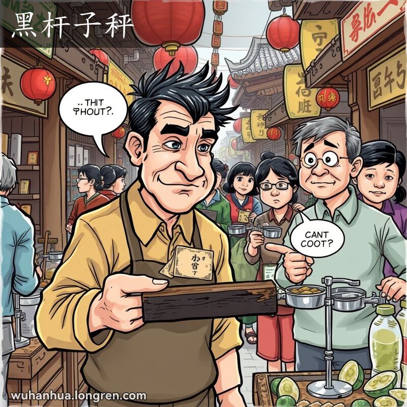 武汉老市场中，小贩用黑色木杆秤欺骗顾客，顾客露出怀疑的表情。